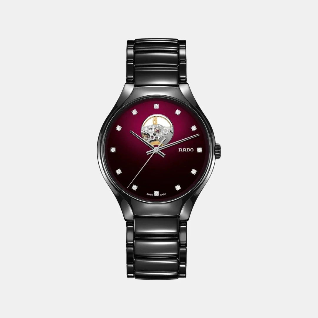 Rado True Round 40mm Black Ceramic Red Diamond Dial Secret Automatic Watch