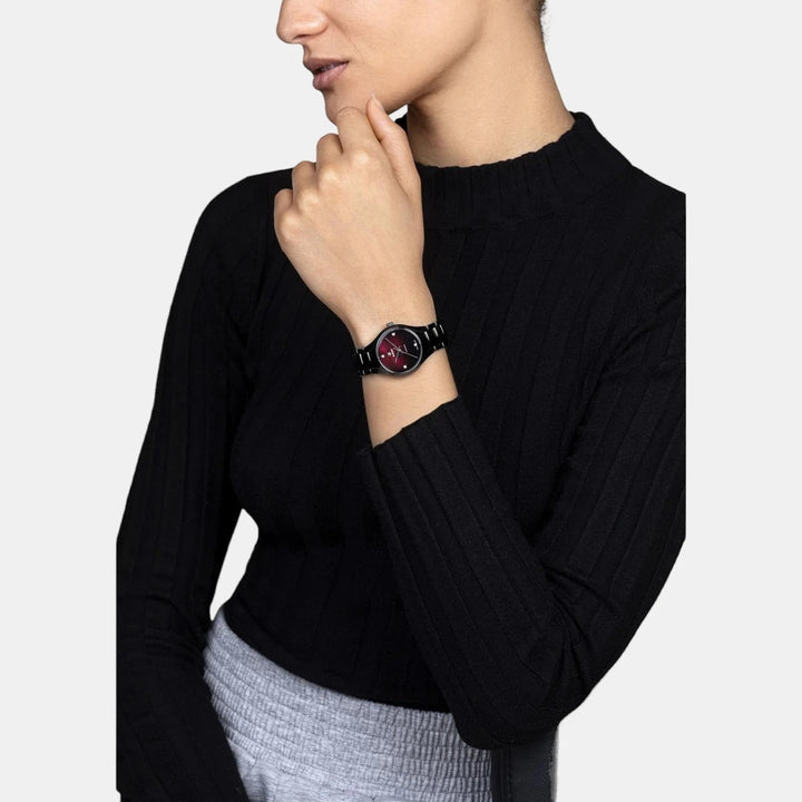 Rado True Round 30mm Black Ceramic Red Diamond Dial Automatic Ladies Watch (R27242742)