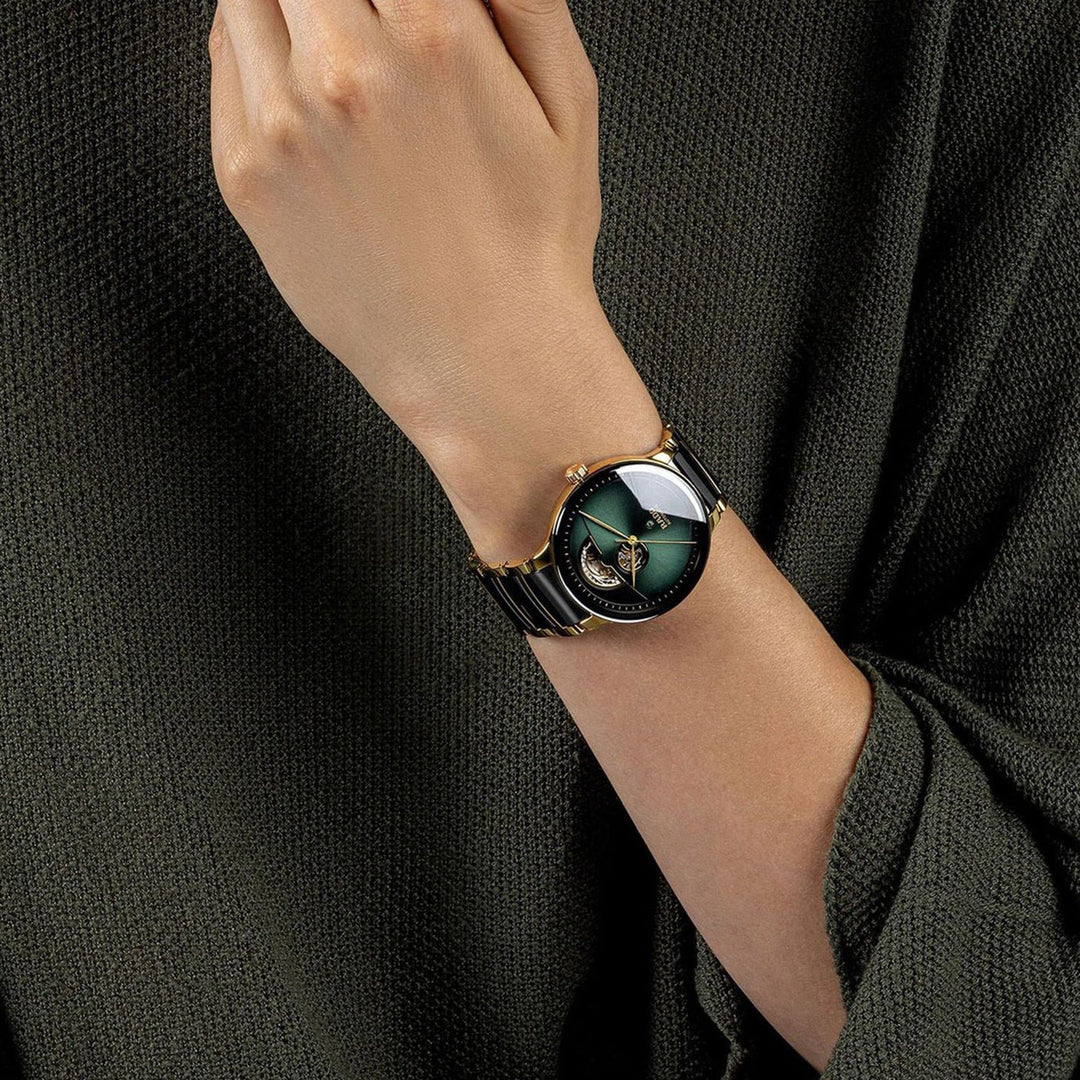 Rado Centrix 39.5mm Green Gradient Open Heart Automatic Watch Yellow Gold (R30008302)
