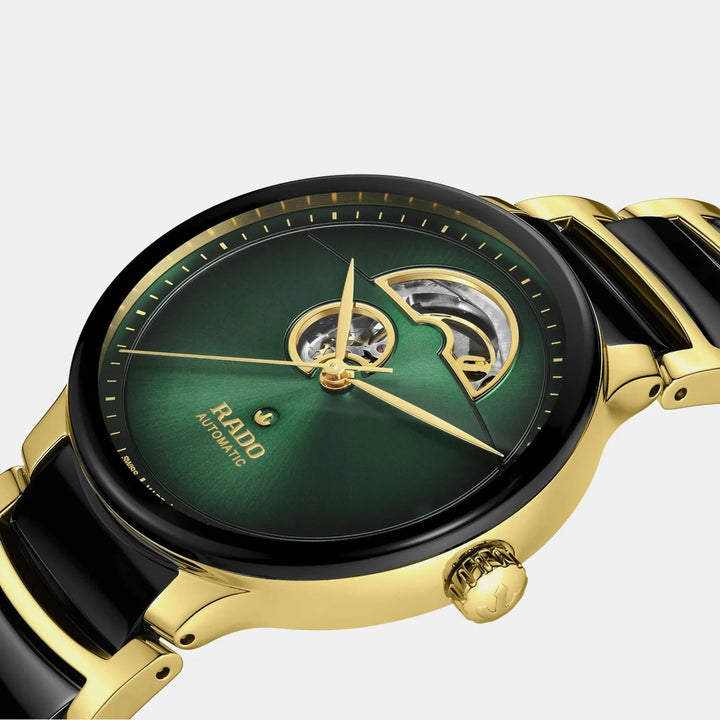 Rado Centrix 39.5mm Green Gradient Open Heart Automatic Watch Yellow Gold (R30008302)
