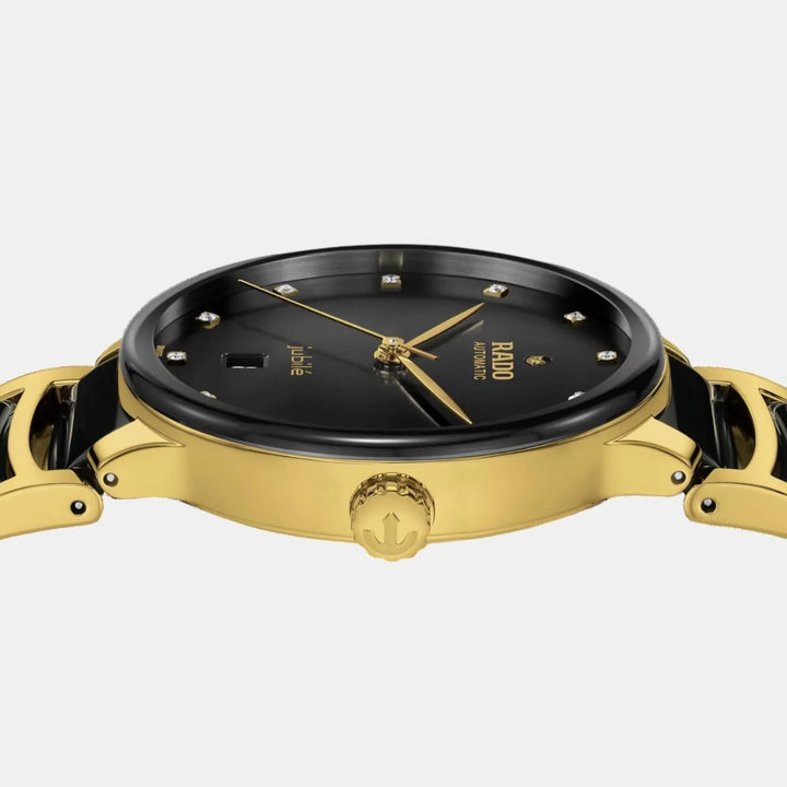 Rado Centrix 39.5mm Black Sunray 12 Diamond Dial Yellow Gold Automatic Watch (R30008742)