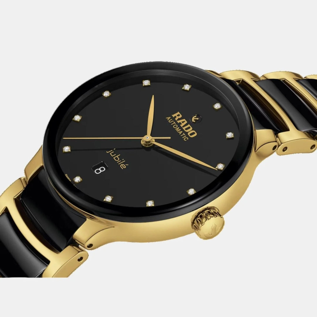 Rado Centrix 39.5mm Black Sunray 12 Diamond Dial Yellow Gold Automatic Watch (R30008742)