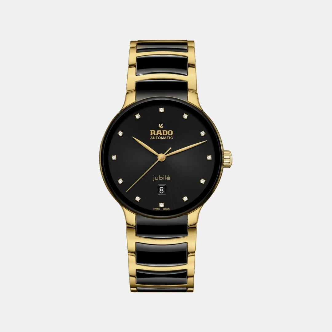 Rado Centrix 39.5mm Black Sunray 12 Diamond Dial Yellow Gold Automatic Watch (R30008742)