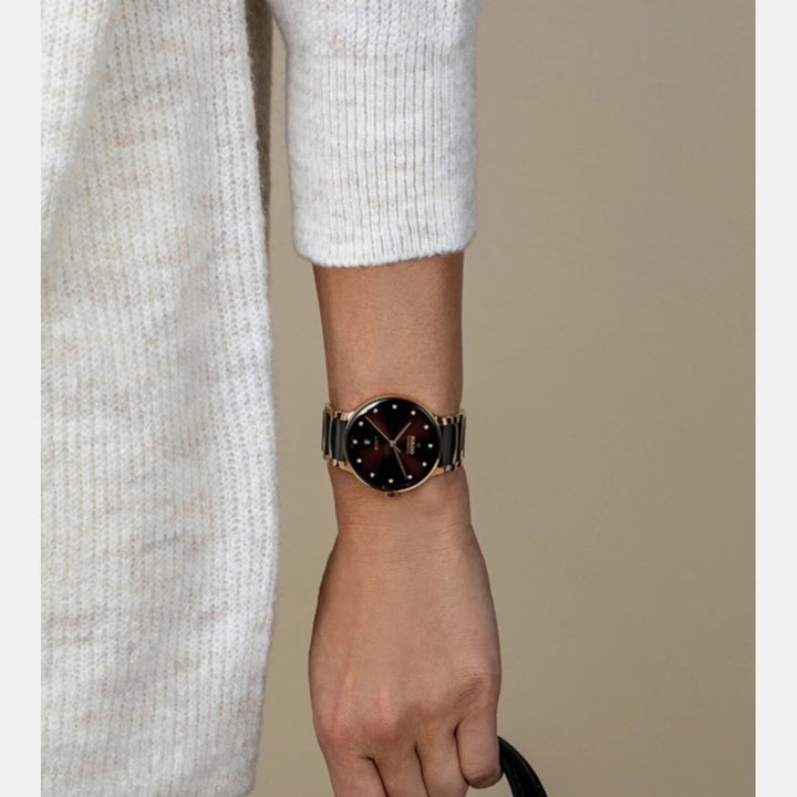 Rado Centrix 39.5mm Brown Sunray 12 Diamond Dial Rose Gold Automatic Watch (R30017732)