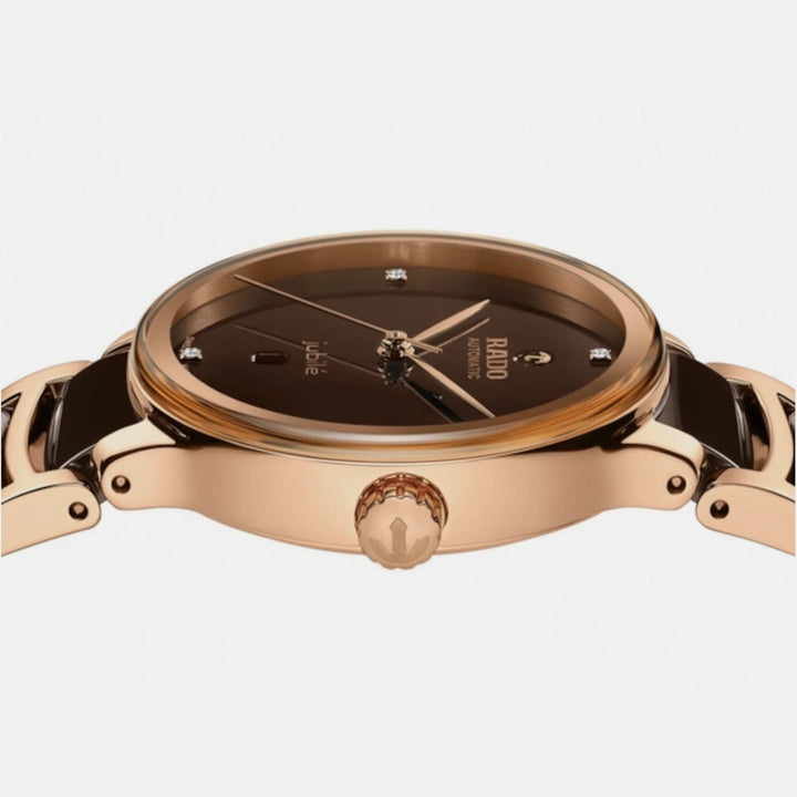 Rado Centrix 30.5mm Brown Diamond Dial Rose Gold Ladies Automatic Watch (R30019712)