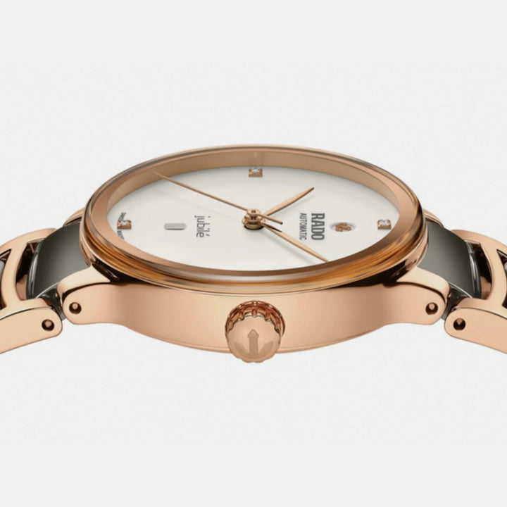 Rado Centrix 30.5mm Silver Diamond Dial Rose Gold Plasma Ceramic Ladies Automatic Watch (R30019722)