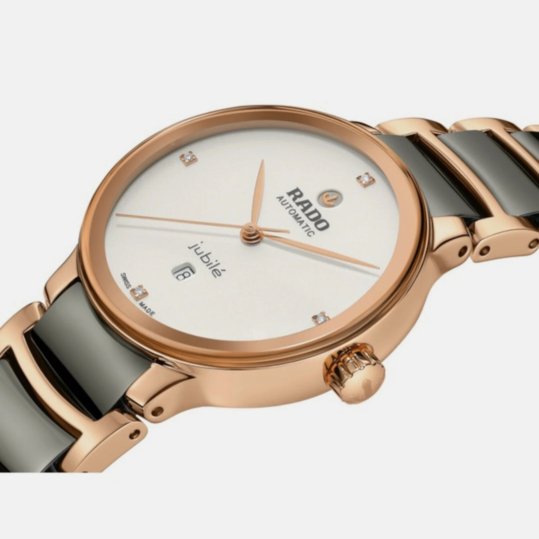 Rado Centrix 30.5mm Silver Diamond Dial Rose Gold Plasma Ceramic Ladies Automatic Watch (R30019722)