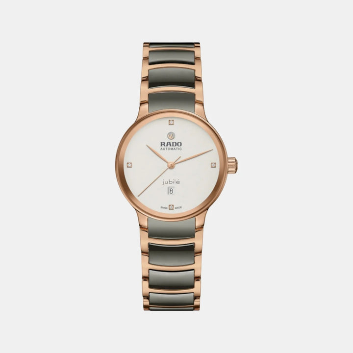 Rado Centrix 30.5mm Silver Diamond Dial Rose Gold Plasma Ceramic Ladies Automatic Watch (R30019722)