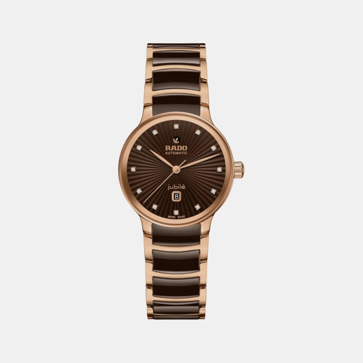 Rado Centrix 30.5mm Brown Faceted 12 Diamond Dial Rose Gold Ladies Automatic Watch (R30019732)