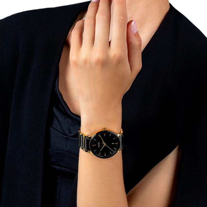 Rado Centrix 39.5mm Black Sunray Dial Yellow Gold Ceramic Quartz Watch (R30022152)
