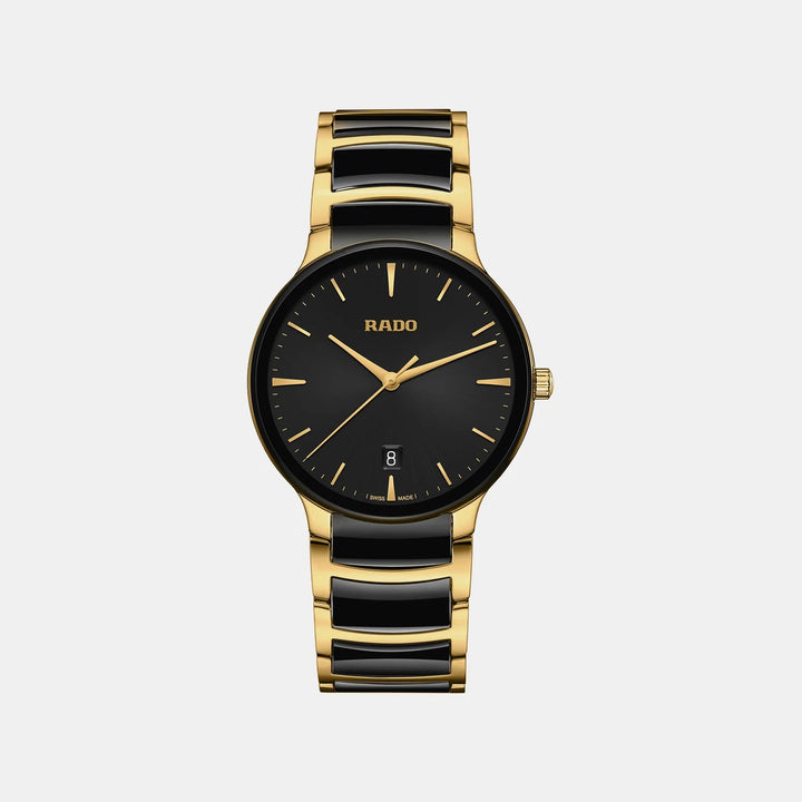 Rado Centrix 39.5mm Black Sunray Dial Yellow Gold Ceramic Quartz Watch (R30022152)