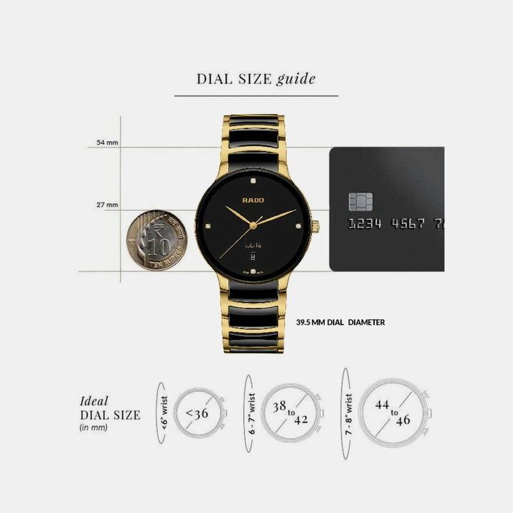 Rado Centrix 39.5mm Black Diamond Dial Yellow Gold Ceramic Quartz Watch (R30022712)
