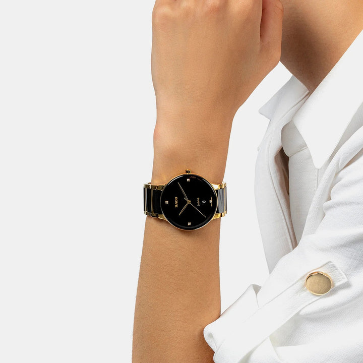 Rado Centrix 39.5mm Black Diamond Dial Yellow Gold Ceramic Quartz Watch (R30022712)