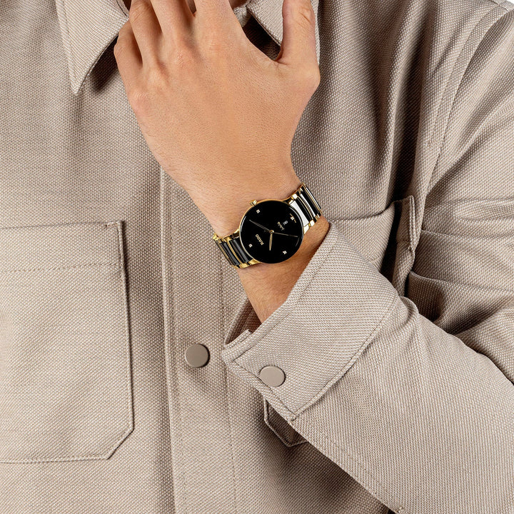 Rado Centrix 39.5mm Black Diamond Dial Yellow Gold Ceramic Quartz Watch (R30022712)