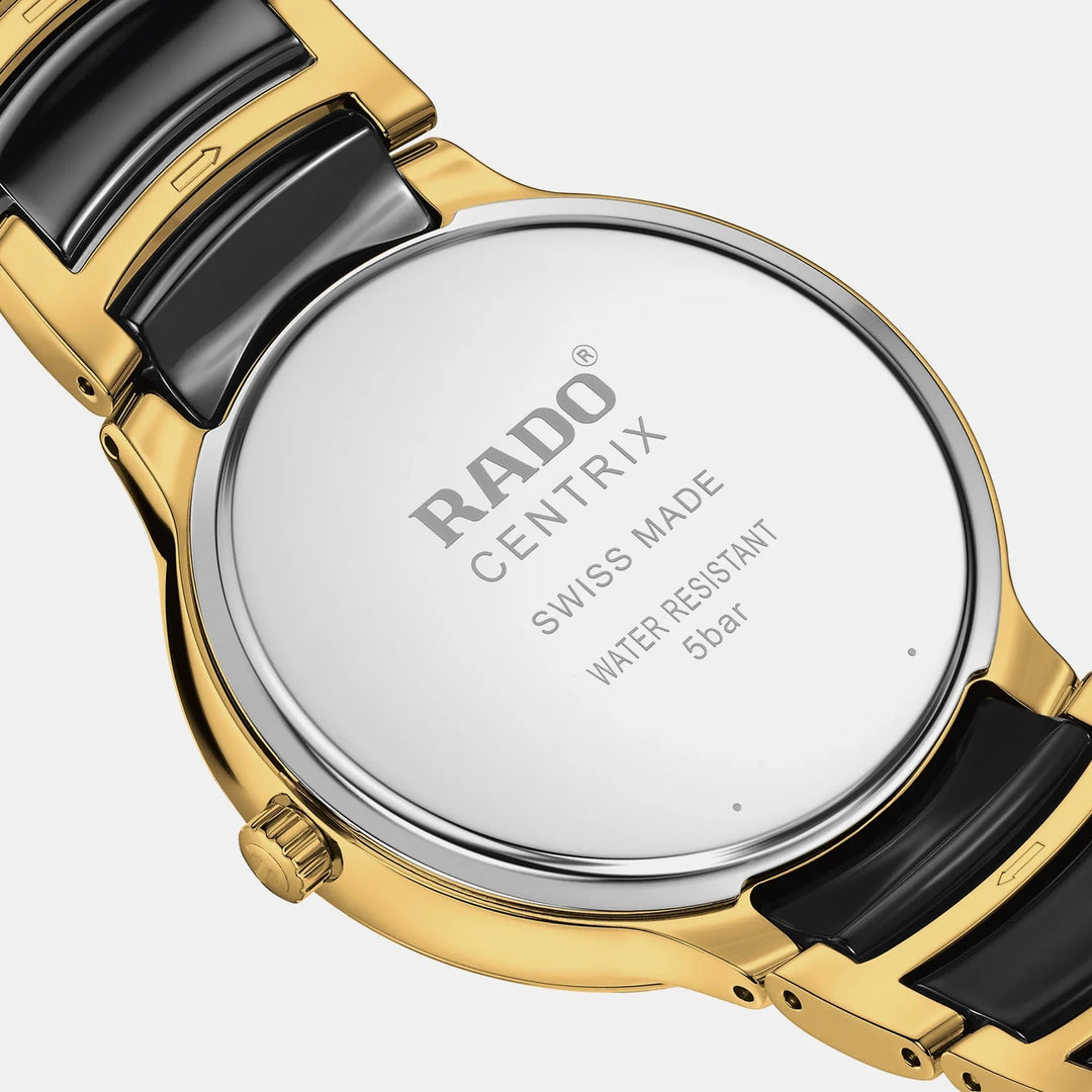 Rado Centrix 39.5mm Black Diamond Dial Yellow Gold Ceramic Quartz Watch (R30022712)