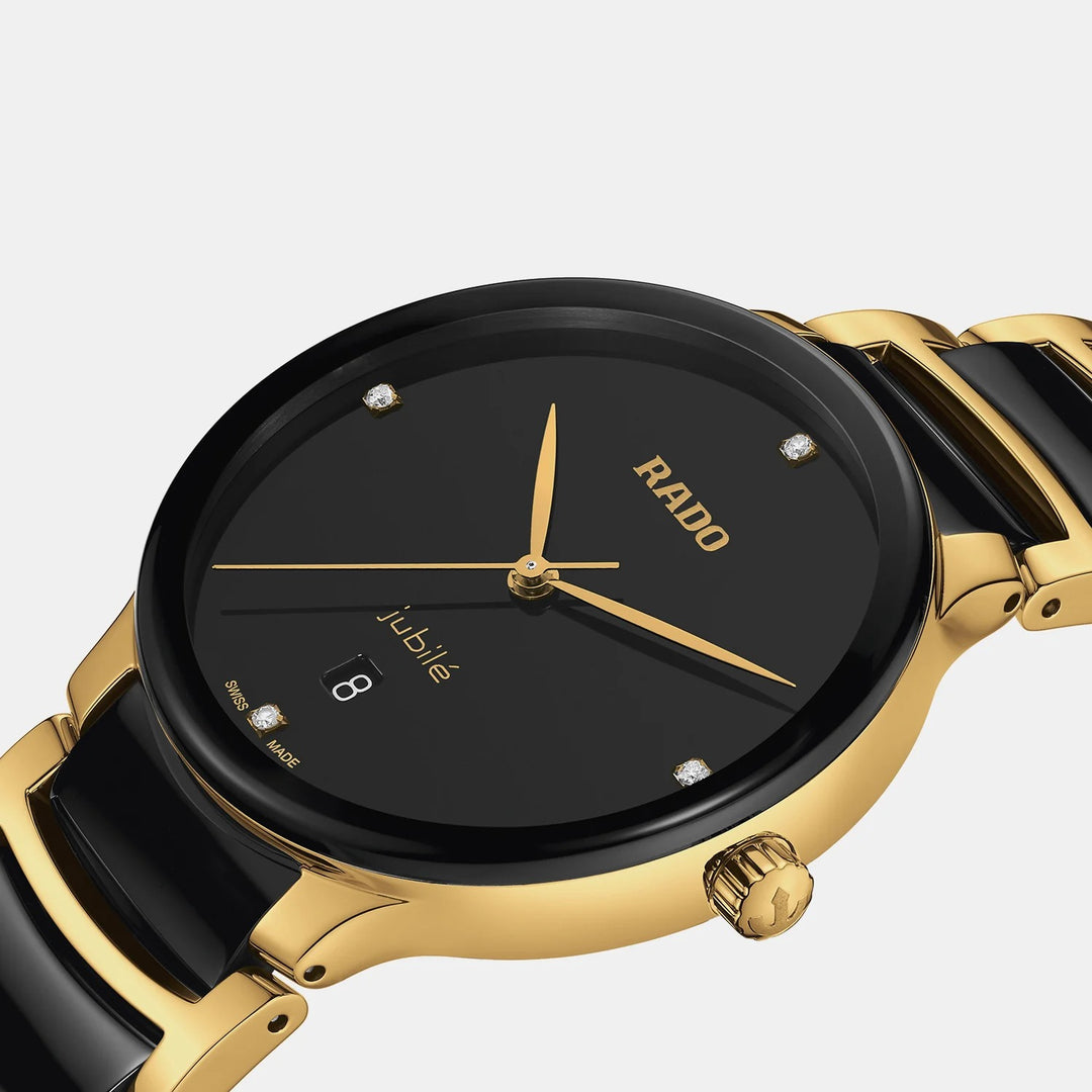 Rado Centrix 39.5mm Black Diamond Dial Yellow Gold Ceramic Quartz Watch (R30022712)