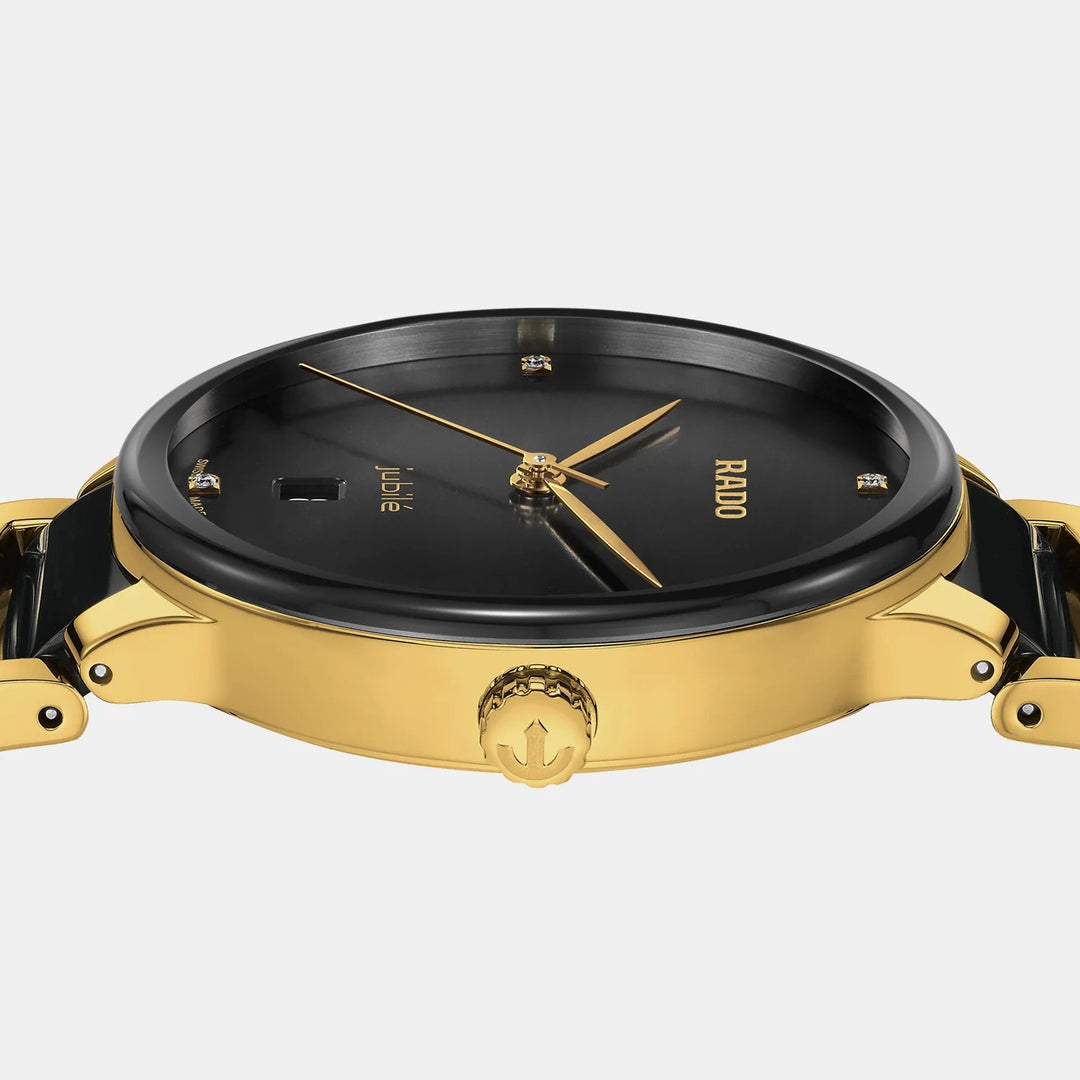 Rado Centrix 39.5mm Black Diamond Dial Yellow Gold Ceramic Quartz Watch (R30022712)