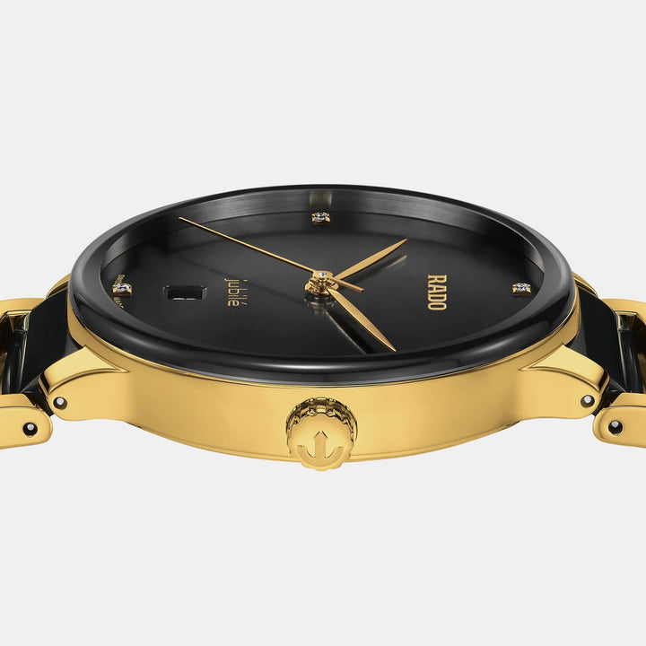 Rado Centrix 39.5mm Black Diamond Dial Yellow Gold Ceramic Quartz Watch (R30022712)