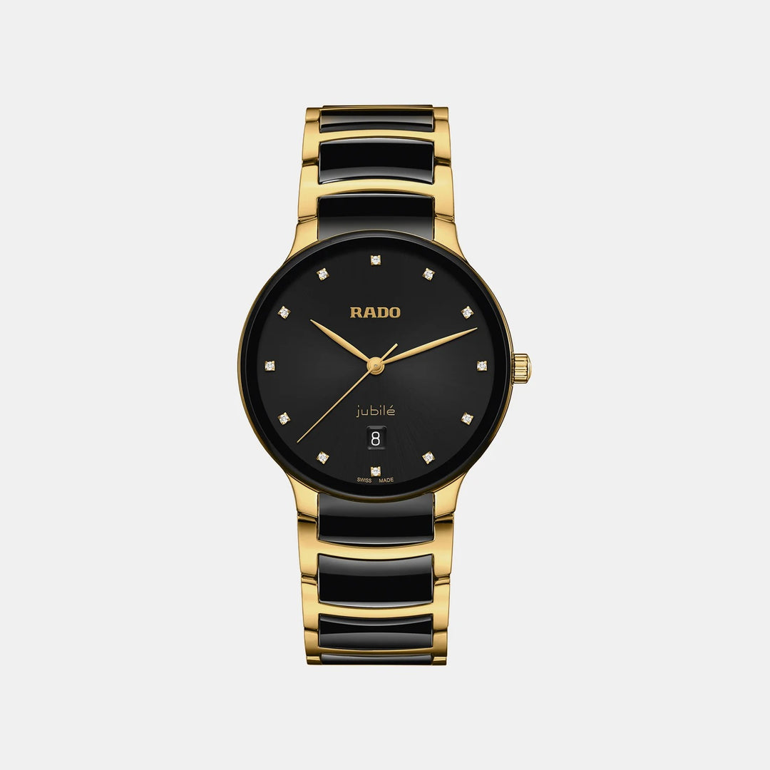 Rado Centrix 39.5mm Black Sunray 12 Diamond Yellow Gold Ceramic Quartz Watch (R30022742)
