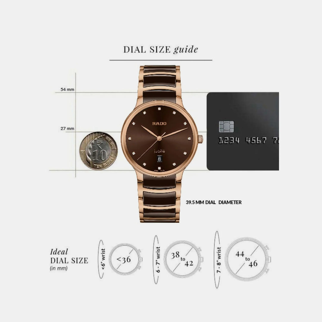 Rado Centrix 39.5mm Brown Sunray 12 Diamond Rose Gold Ceramic Quartz Watch (R30023732)