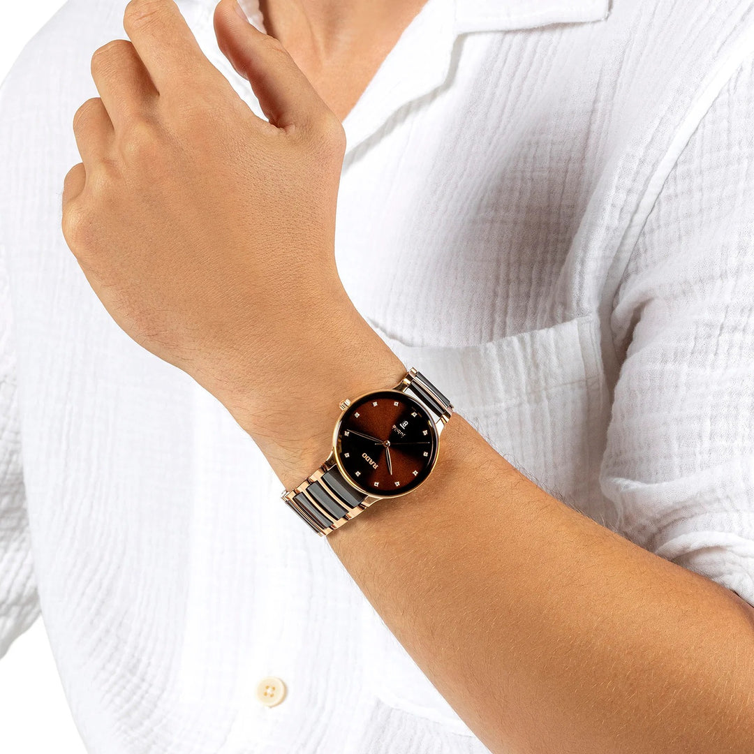 Rado Centrix 39.5mm Brown Sunray 12 Diamond Rose Gold Ceramic Quartz Watch (R30023732)