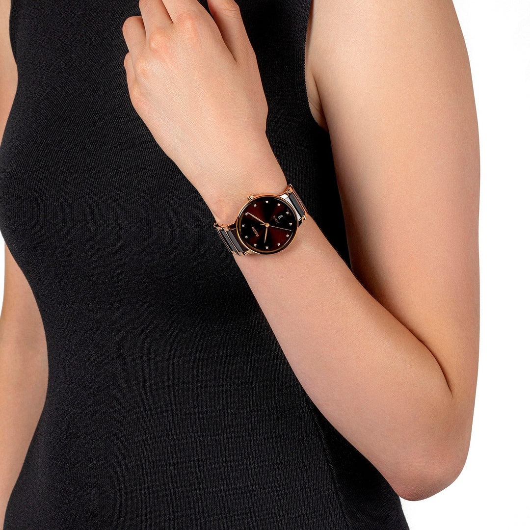 Rado Centrix 39.5mm Brown Sunray 12 Diamond Rose Gold Ceramic Quartz Watch (R30023732)