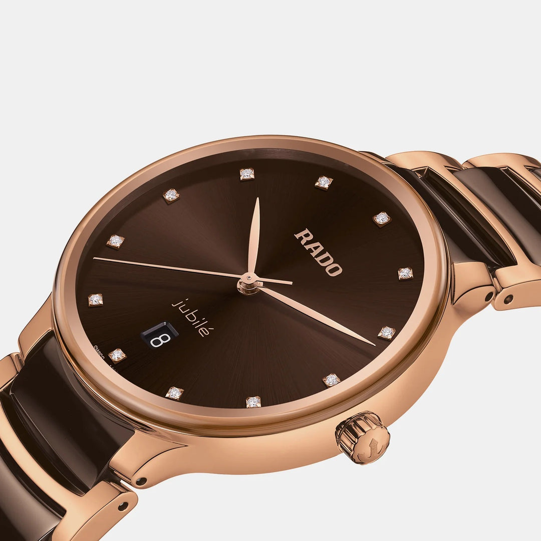 Rado Centrix 39.5mm Brown Sunray 12 Diamond Rose Gold Ceramic Quartz Watch (R30023732)
