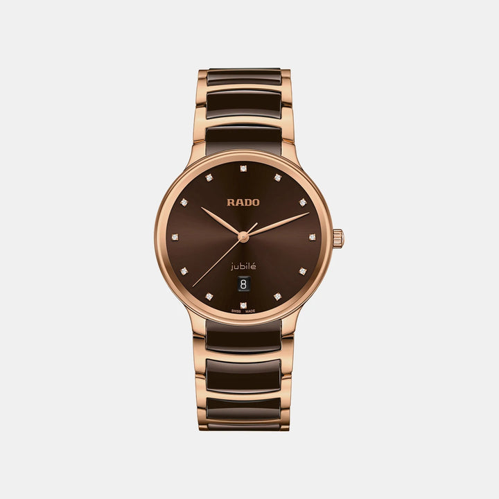 Rado Centrix 39.5mm Brown Sunray 12 Diamond Rose Gold Ceramic Quartz Watch (R30023732)