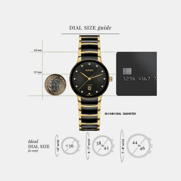Rado Centrix 30.5mm Black Faceted 12 Diamond Yellow Gold Ladies Quartz Watch R30025742
