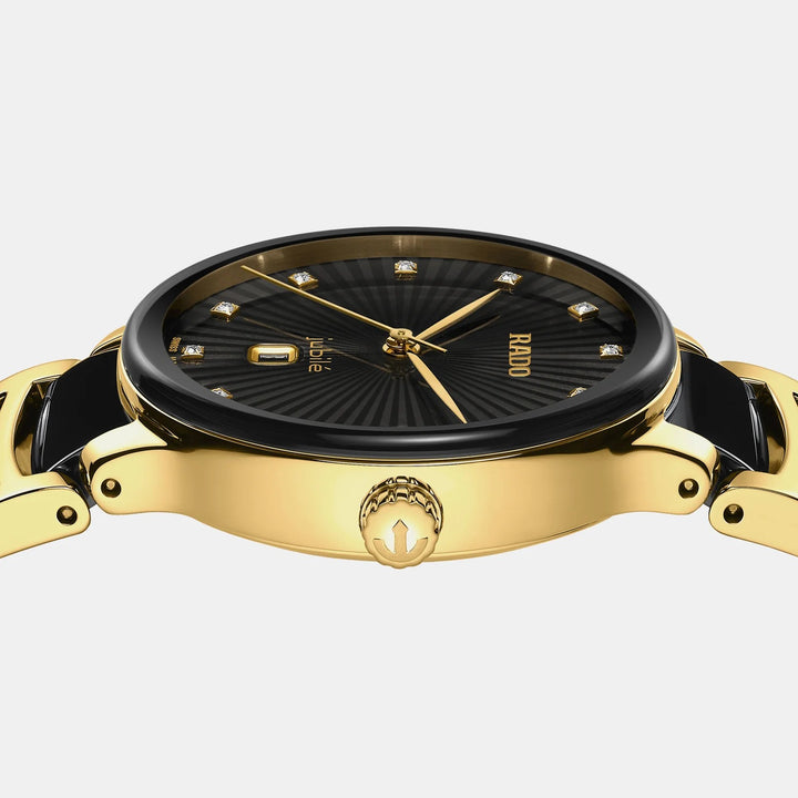 Rado Centrix 30.5mm Black Faceted 12 Diamond Yellow Gold Ladies Quartz Watch R30025742