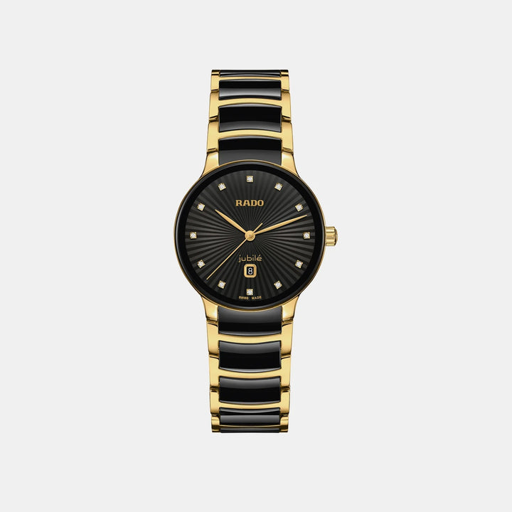 Rado Centrix 30.5mm Black Faceted 12 Diamond Yellow Gold Ladies Quartz Watch R30025742