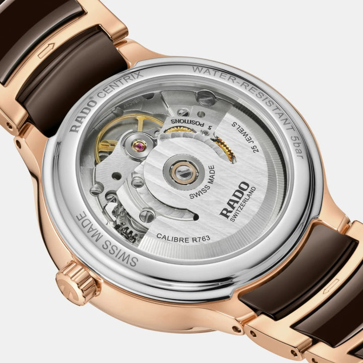 Rado Centrix 35mm Brown Faceted Diamond Dial Rose Gold Automatic Ladies Watch R30037732