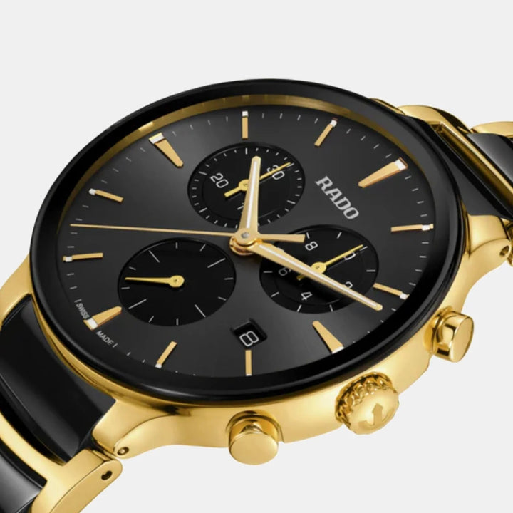 Rado Centrix Chronograph 41mm Black Dial Two Tone Yellow Gold Ceramic Quartz Watch R30211152