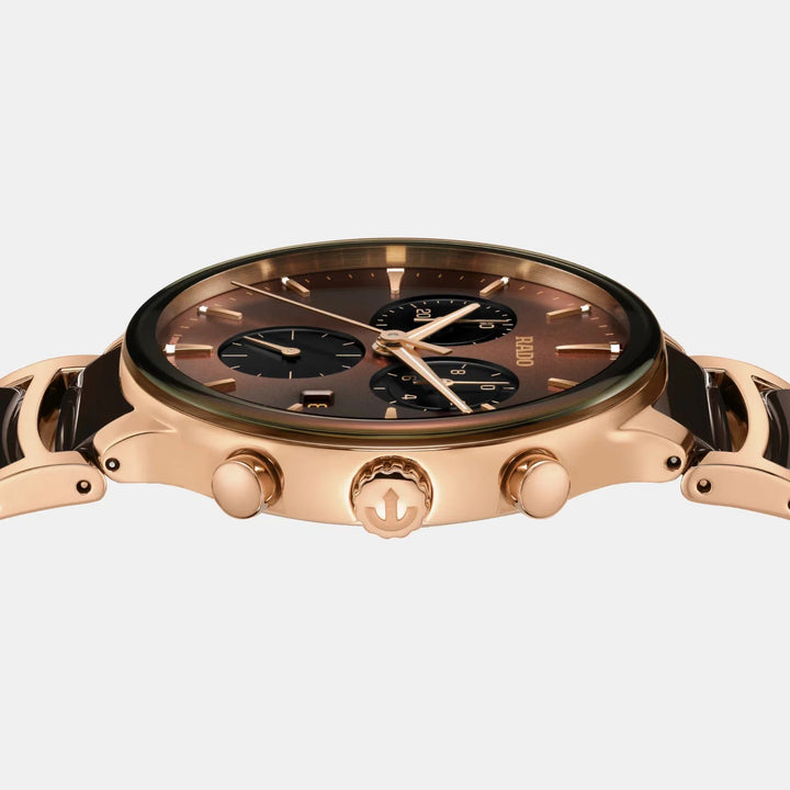 Rado Centrix Chronograph 41mm Brown Sunray Dial Rose Gold Ceramic Quartz Watch R30212302