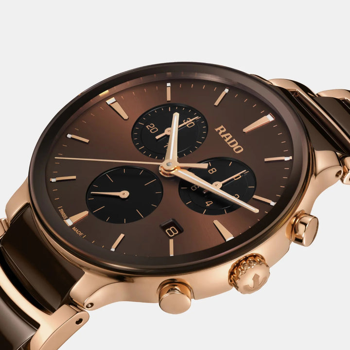 Rado Centrix Chronograph 41mm Brown Sunray Dial Rose Gold Ceramic Quartz Watch R30212302