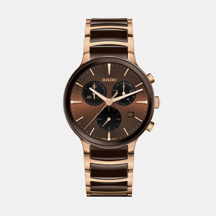 Rado Centrix Chronograph 41mm Brown Sunray Dial Rose Gold Ceramic Quartz Watch R30212302