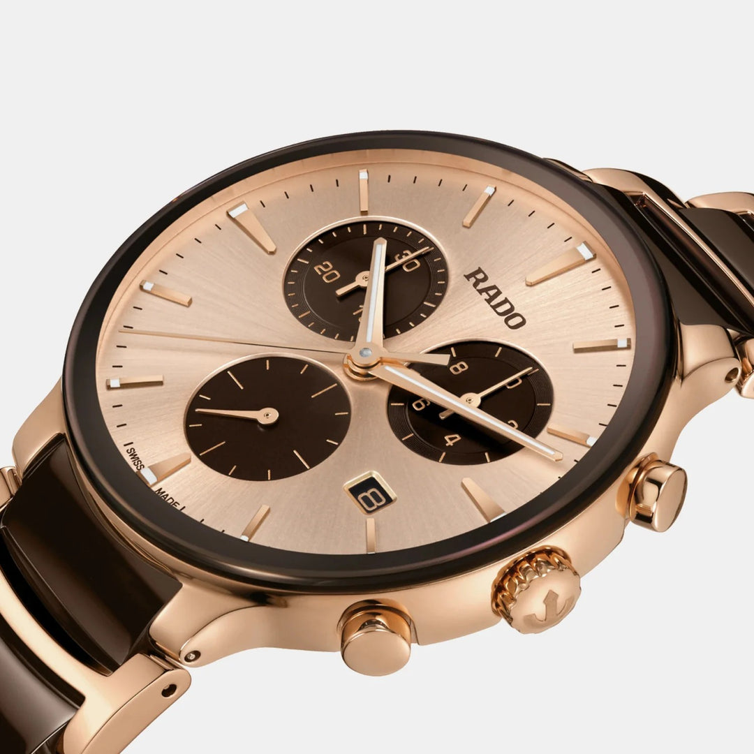 Rado Centrix Chronograph 41mm Champagne Sunray Dial Rose Gold Ceramic Quartz Watch R30212402