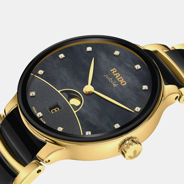 Rado Centrix Moonphase 35mm Brown Mother of Pearl Diamond Yellow Gold Ladies Quartz Watch R30233942