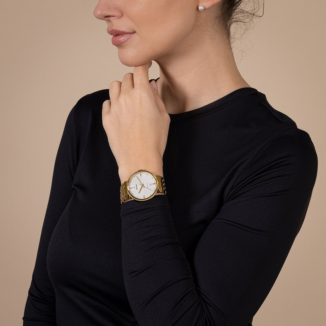 Rado Florence Automatic 39mm Silver White Embossed Dial Yellow Gold PVD Watch R48904013