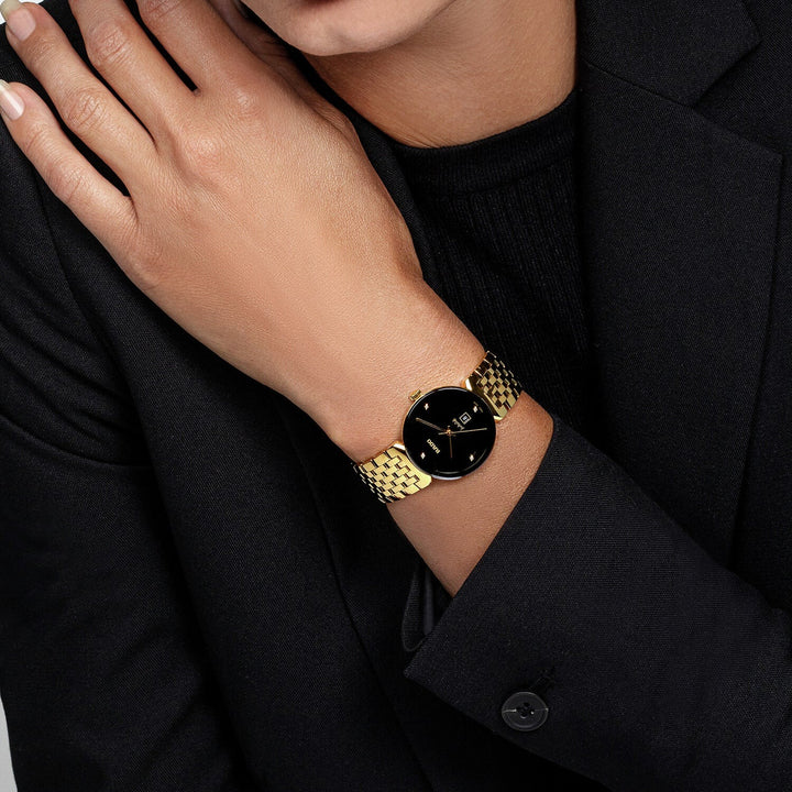 Rado Florence 30mm Black Dial 4 Diamonds Yellow Gold PVD Quartz Ladies Watch R48915703