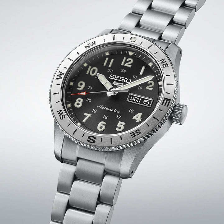 SEIKO 5 SPORTS FIELD WATCH AUTOMATIC – 41MM BLACK DIAL COMPASS BEZEL STEEL BRACELET