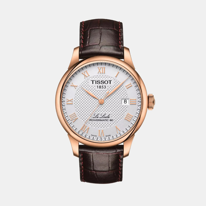 Tissot Le Locle Powermatic 80 Rose Gold Watch – 39.3mm Silver Dial Brown Leather Strap