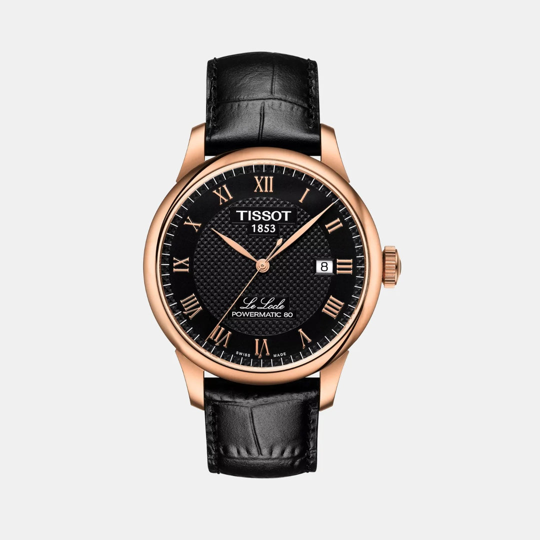 Tissot Le Locle Powermatic 80 Rose Gold Watch – 39.3mm Black Dial Leather Strap