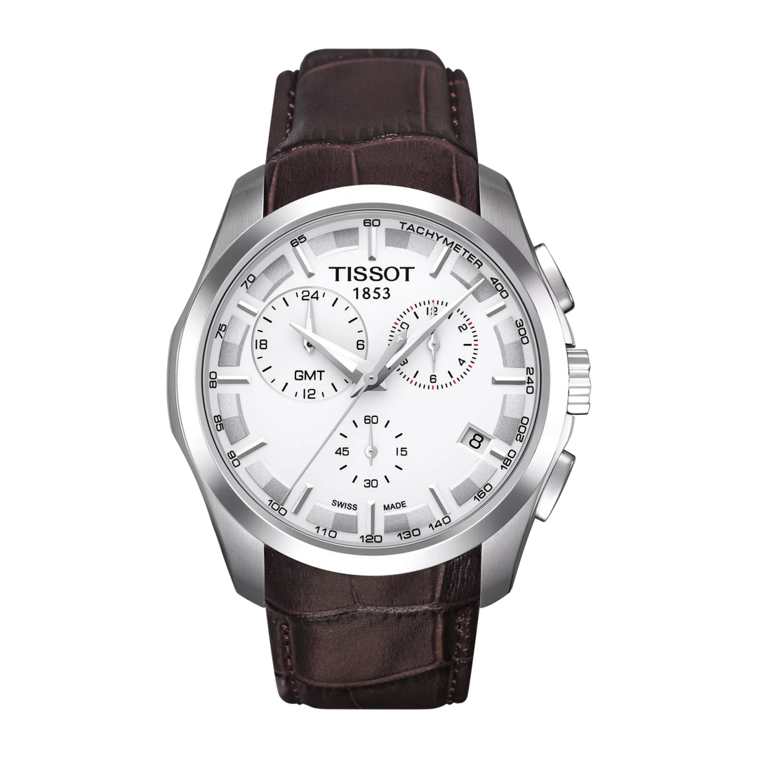 Tissot Couturier GMT Chronograph Watch – 42mm White Dial Brown Leather Strap
