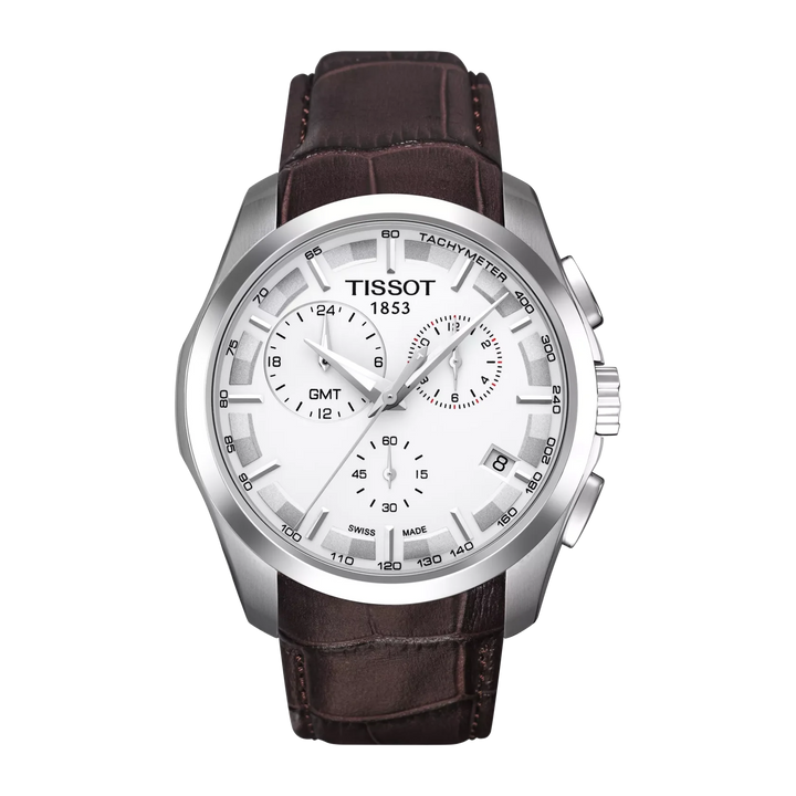 Tissot Couturier GMT Chronograph Watch – 42mm White Dial Brown Leather Strap