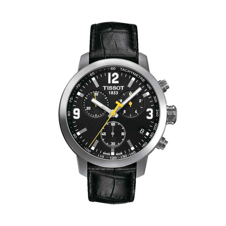 Tissot PRC 200 Quartz Chronograph Watch – Black Dial Black Leather Strap