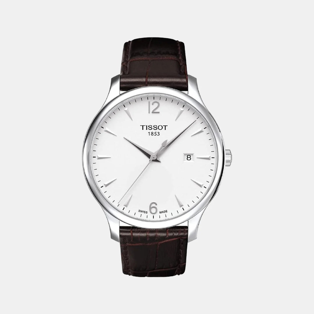Tissot Tradition Quartz Watch – 42mm Silver Dial Brown Alligator Leather Strap
