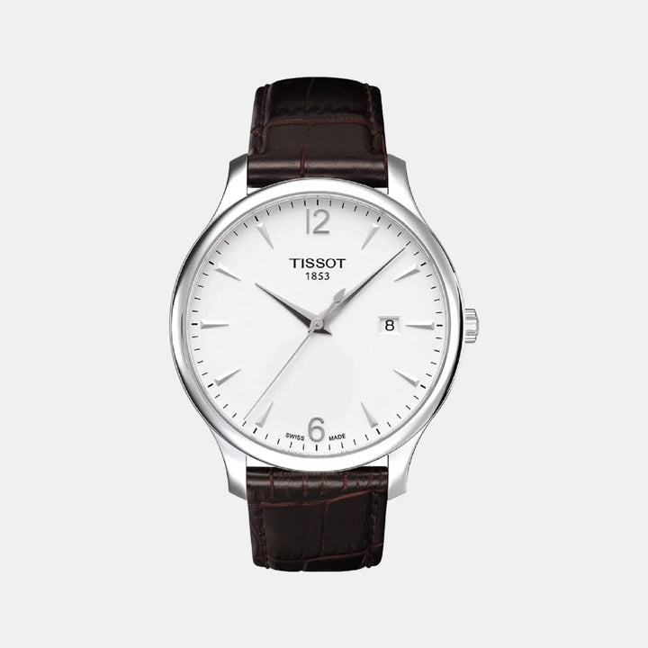 Tissot Tradition Quartz Watch – 42mm Silver Dial Brown Alligator Leather Strap