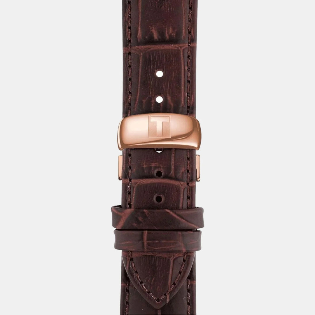 Tissot Tradition Quartz Rose Gold Watch – 42mm Silver Dial Brown Leather Strap