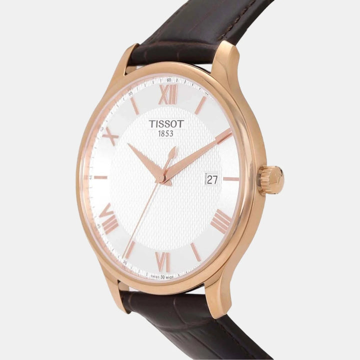 Tissot Tradition Quartz Rose Gold Watch – 42mm Silver Dial Brown Leather Strap